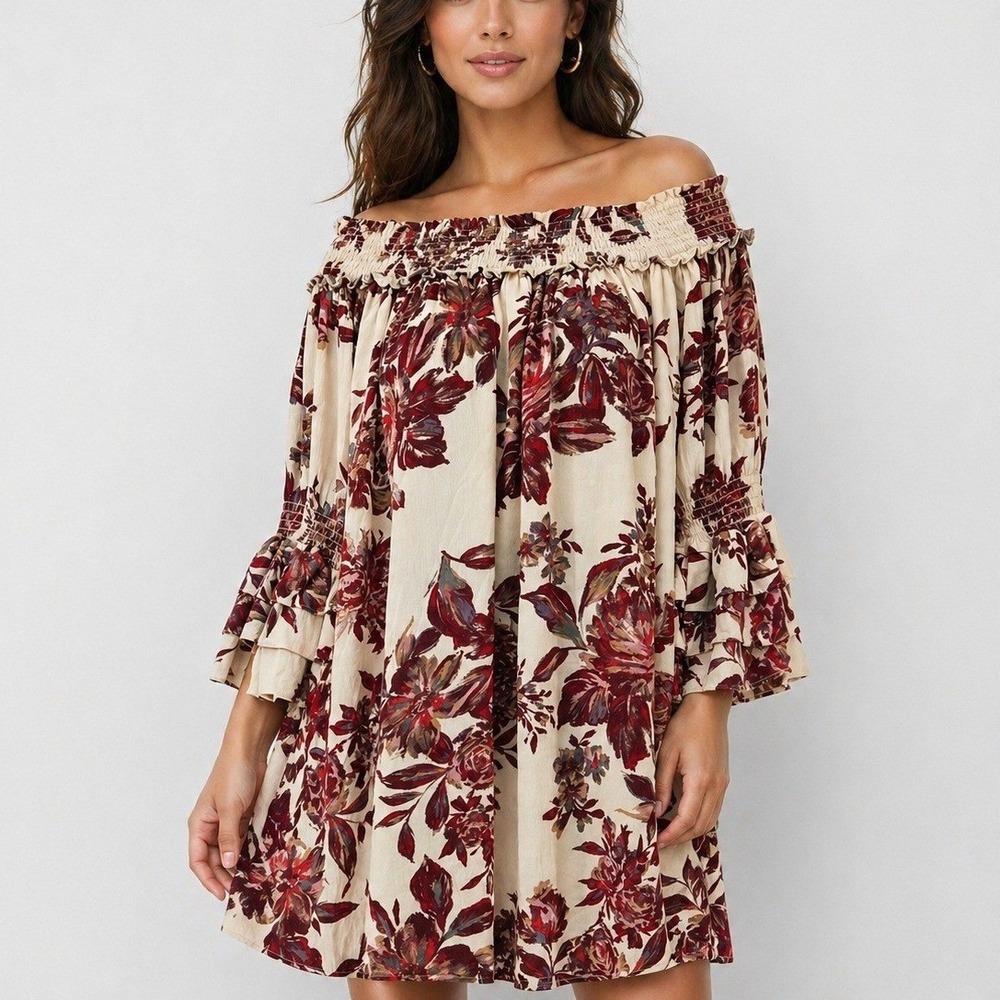 Miss Me Mini Dress Cream Red Floral Off‎ Shoulder Ruffle S Boho Cottagecore